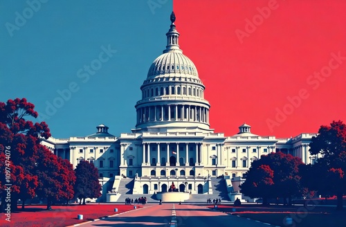 An illustration of the U.S. Capitol building in red and blue colors. Democrat and Republican photo