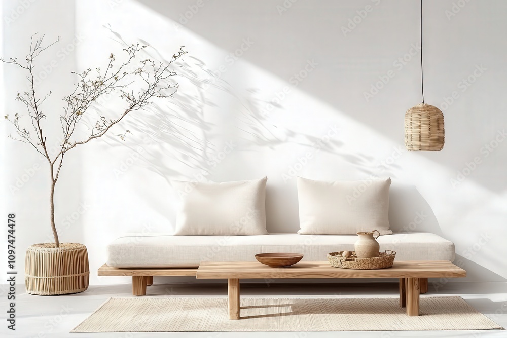 A modern, minimalist living room featuring a light sofa, wooden table, and decorative plant, illuminated by natural sunlight. A modern, minimalist living room featuring a light sofa, wooden table, and decorative plant, illuminated by natural sunlight.