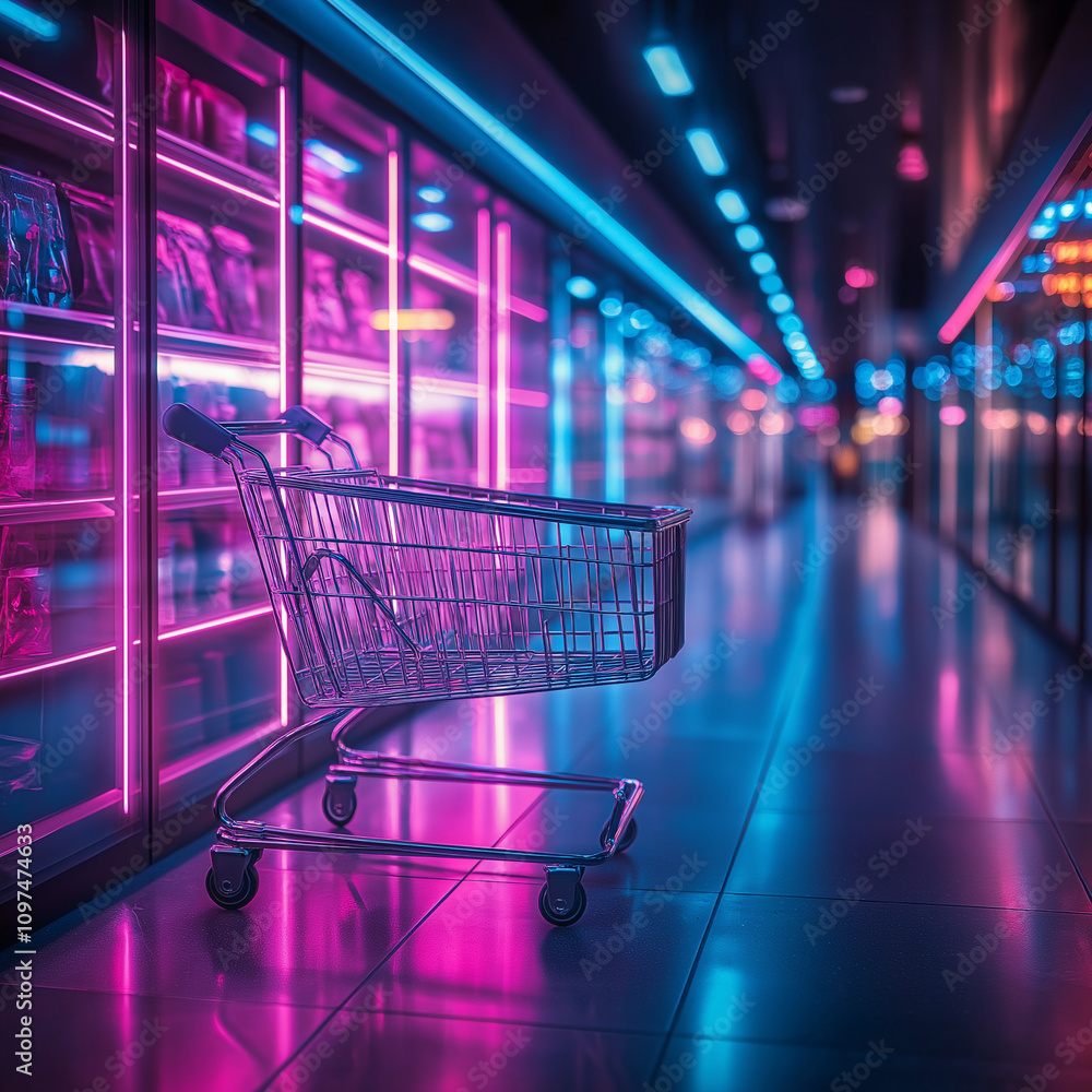 Digital shopping delight Neon lit online store. E commerce revolution Brighten cart with light Digital shopping delight Neon lit online store. E commerce revolution Brighten cart with light