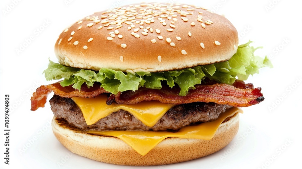 A perfectly assembled bacon cheeseburger with a sesame seed bun, crispy bacon strips, melted cheese A perfectly assembled bacon cheeseburger with a sesame seed bun, crispy bacon strips, melted cheese