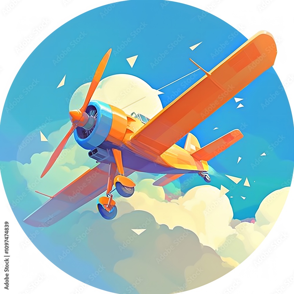 Naklejka premium A retro-styled airplane flying through a rainbow-colored sky. The plane is painted in vibrant colors of orange, yellow, and blue. It is surrounded by fluffy white clouds.