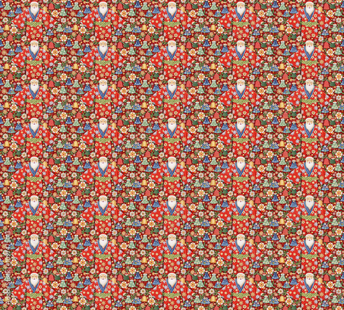 Joyful Festive Pattern: Red and gold Christmas seamless pattern with Santa Claus and winter elements. Perfect for wrapping paper, fabric, and festive designs. 