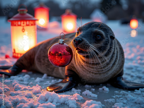 A seal celebrating the holidays with a red ornament in a snowy setting, photography of wildlife concept. photo