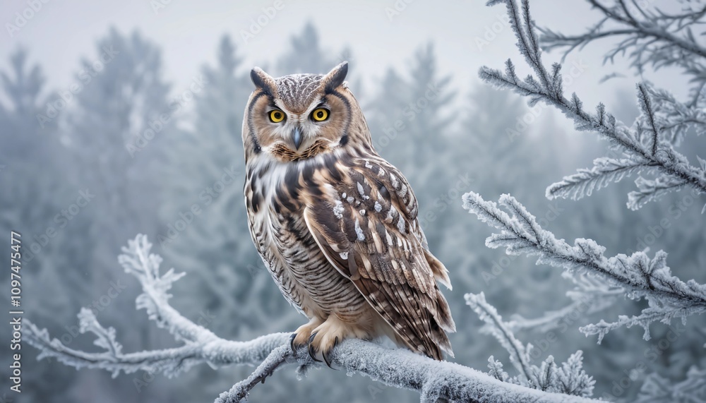 A majestic owl perched on a frost-covered tree branch A majestic owl perched on a frost-covered tree branch