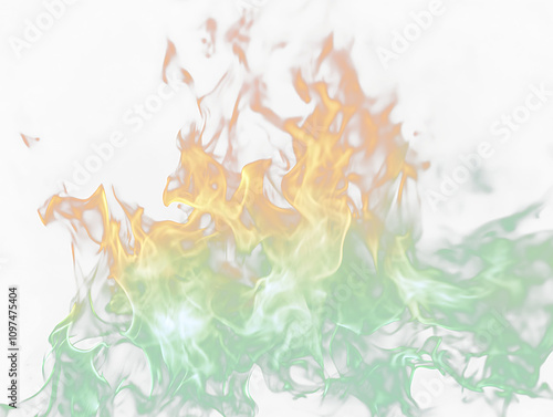 Here's a description following your specifications

 Colorful flames, orange and green fire isolated on black Transparent Background. photo