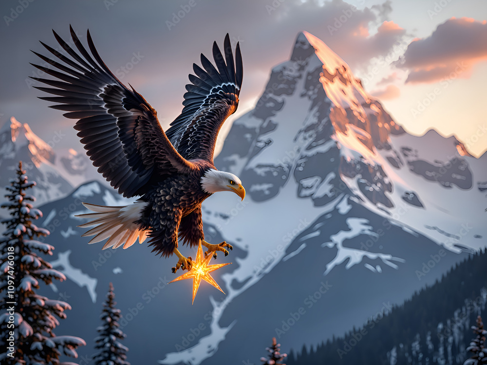 Obraz premium Eagle in flight clutching a radiant star against a mountain sunset, digital art of nature concept.