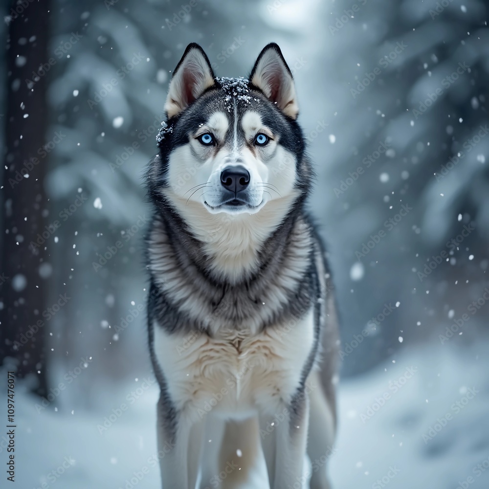 Naklejka premium A close-up of a Siberian Husky standing in a snowy forest