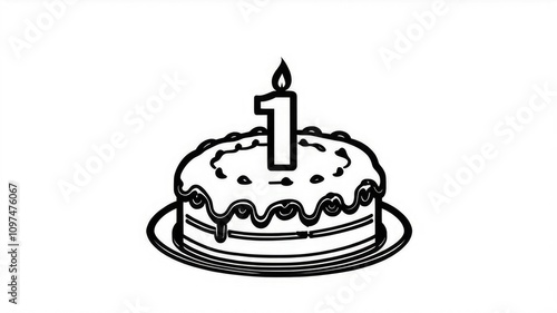 Birthday cake, burning candle, Happy First Birthday badge. Cake with a candle in the form of a number 1