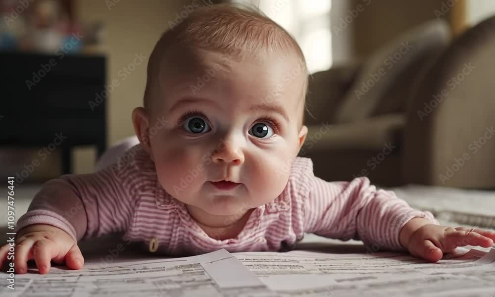 A curious baby lies on a table, exploring papers with wide eyes. A curious baby lies on a table, exploring papers with wide eyes.