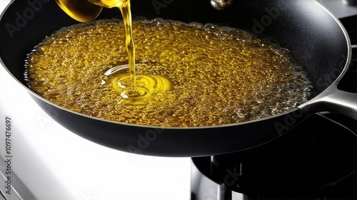 Boiling oil, olive oil boils in a pan. cook in skorod, grease splashes, yellow olive, black skillet