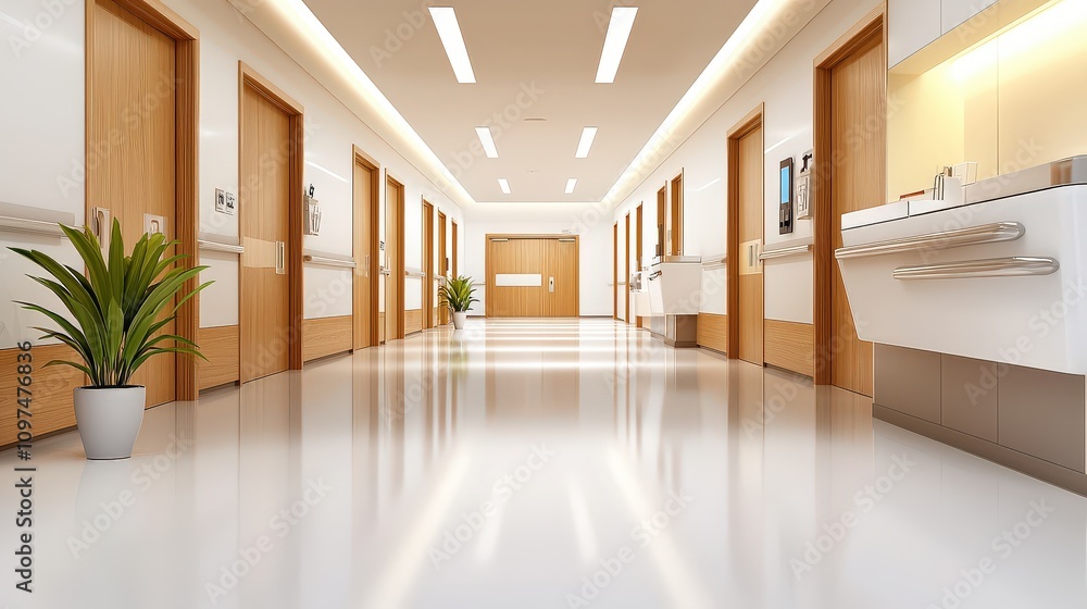 Fototapeta premium A quiet emergency room hallway with bright lighting, patient doors, and nurses stations, showing a well-maintained and functional healthcare space.
