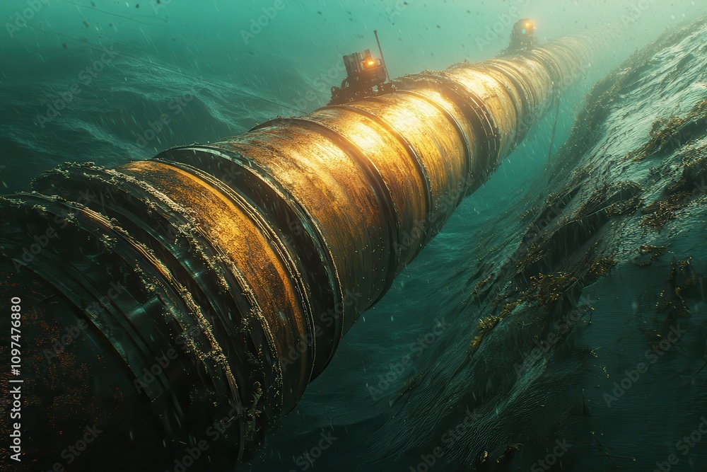 Underwater gold pipe, marine life, stormy sea. Illustrates ocean pipeline, potential hazard, resource transport. Underwater gold pipe, marine life, stormy sea. Illustrates ocean pipeline, potential hazard, resource transport.