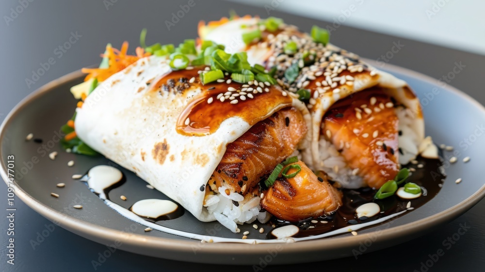 Creating artistic sushi burritos a japanese-mexican fusion experience with fresh salmon and avocado on minimalist plating Creating artistic sushi burritos a japanese-mexican fusion experience with fresh salmon and avocado on minimalist plating