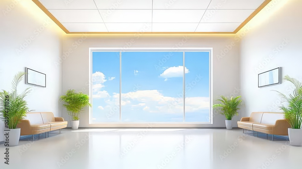 Fototapeta premium A well-lit emergency room waiting area with soft chairs, a large window, and a few patients waiting, reflecting the high-stress healthcare environment.
