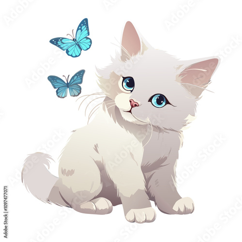 White Kitten with Blue Butterflies on Transparent Background in Graphic Style