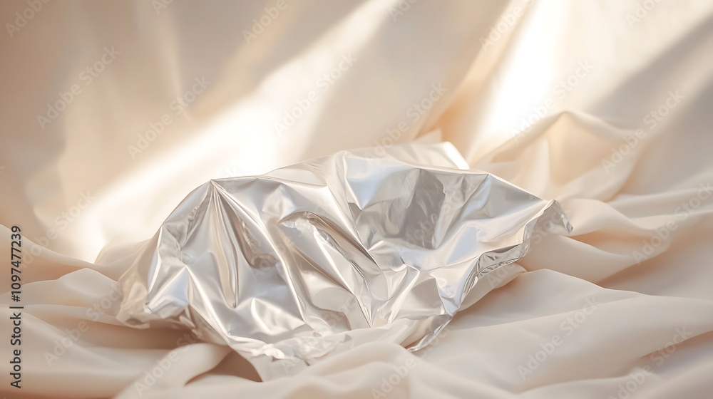 Silver Foil Package on Beige Fabric Background Silver Foil Package on Beige Fabric Background