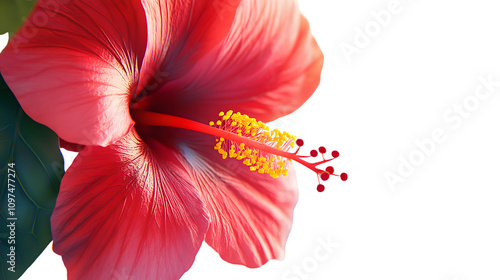 close-up of a hibiscus flower with bright red petals and a yellow stamen, photorealistic on a plain white background