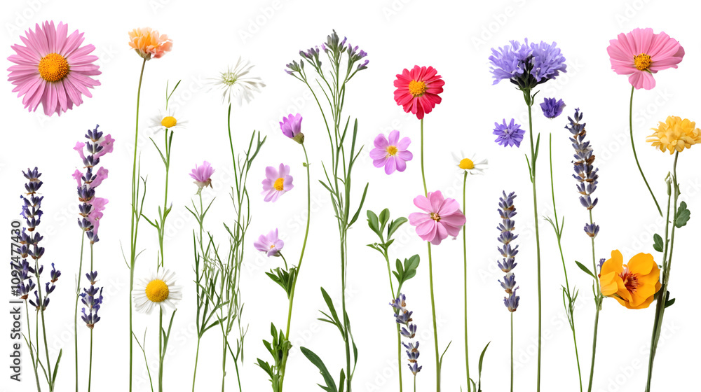 collection of wildflowers in various colors, including daisies and lavender, scattered evenly on a seamless white background collection of wildflowers in various colors, including daisies and lavender, scattered evenly on a seamless white background