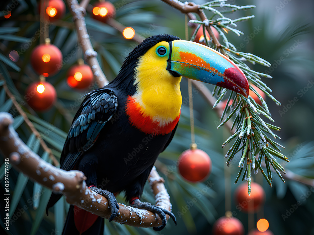Fototapeta premium A vibrant toucan perched among frosted pine and holiday ornaments, photography of nature concept.