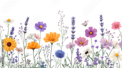 collection of wildflowers in various colors, including daisies and lavender, scattered evenly on a seamless white background photo