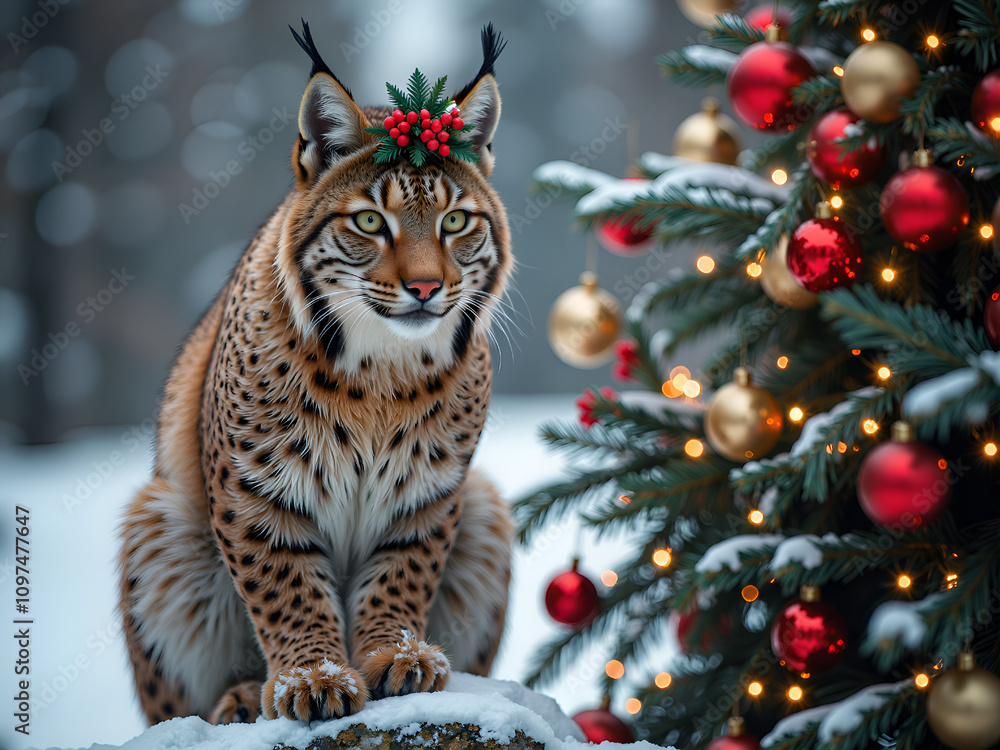 Obraz premium Lynx celebrating winter amidst festive decorations in a snowy landscape, photography of wildlife portrait concept.