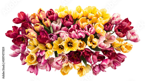 bouquet of colorful tulips in shades of yellow, pink, and red, arranged neatly on a white background