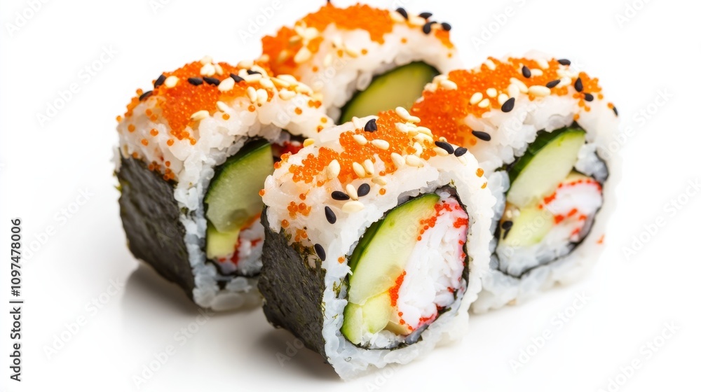 A perfectly assembled California roll with imitation crab meat, avocado slices, cucumber strips A perfectly assembled California roll with imitation crab meat, avocado slices, cucumber strips