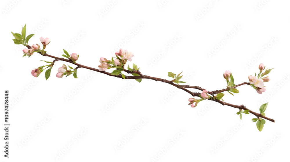 single cherry blossom branch with delicate pink flowers and green buds, isolated on a pure white background single cherry blossom branch with delicate pink flowers and green buds, isolated on a pure white background