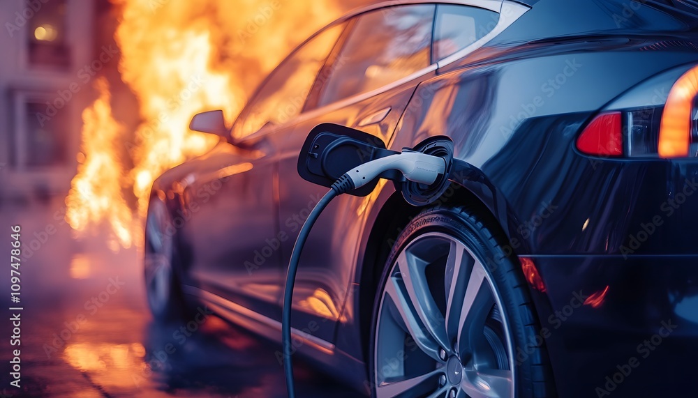 Hose charging an electric car, fire in the background. The concept of eco-friendly cars and the emergence of new modern vehicles. Hose charging an electric car, fire in the background. The concept of eco-friendly cars and the emergence of new modern vehicles.