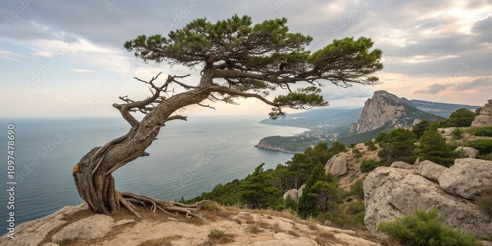 Juniper tree's gnarled branches stretch towards the sky on a windswept rock formation above the Black Sea, wind, natural world, grey sky, dramatic views, seagull Juniper tree's gnarled branches stretch towards the sky on a windswept rock formation above the Black Sea, wind, natural world, grey sky, dramatic views, seagull
