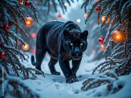 Majestic black panther roaming through a snowy forest with christmas ornaments, digital art of fantasy landscape concept.