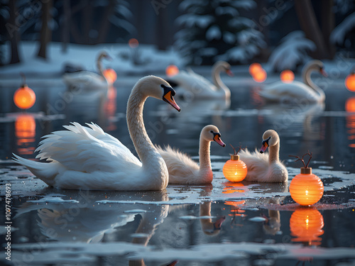 Majestic swans with lanterns in a tranquil winter landscape, photorealistic of nature concept. photo