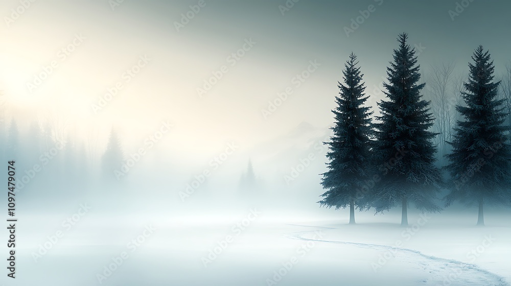 Snow-covered forest shrouded in dense fog, towering pine trees and a faint trail leading into the unknown, winter serenity, Ultra-Realistic, Photo Realistic, highly detailed, Snow-covered forest shrouded in dense fog, towering pine trees and a faint trail leading into the unknown, winter serenity, Ultra-Realistic, Photo Realistic, highly detailed,