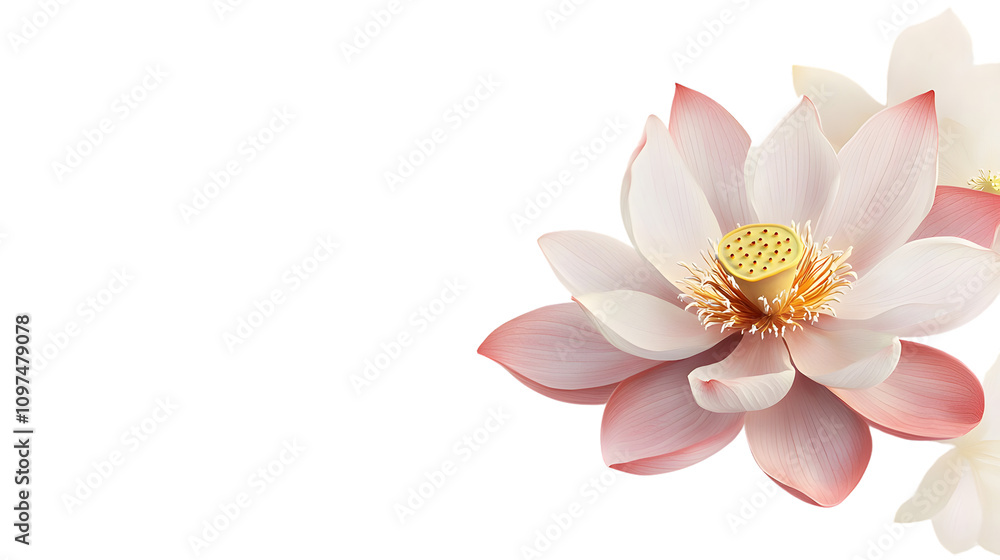 Fototapeta premium A lotus flower with soft pink petals and a yellow center, floating on a seamless white background