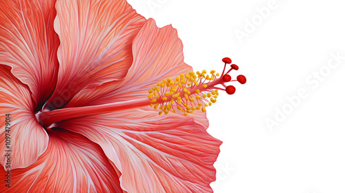 close-up of a hibiscus flower with bright red petals and a yellow stamen, photorealistic on a plain white background