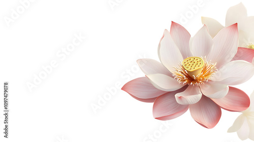 A lotus flower with soft pink petals and a yellow center, floating on a seamless white background