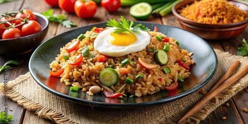 Delicious plate of Nasi Goreng, traditional Indonesian fried rice dish with vegetables, egg