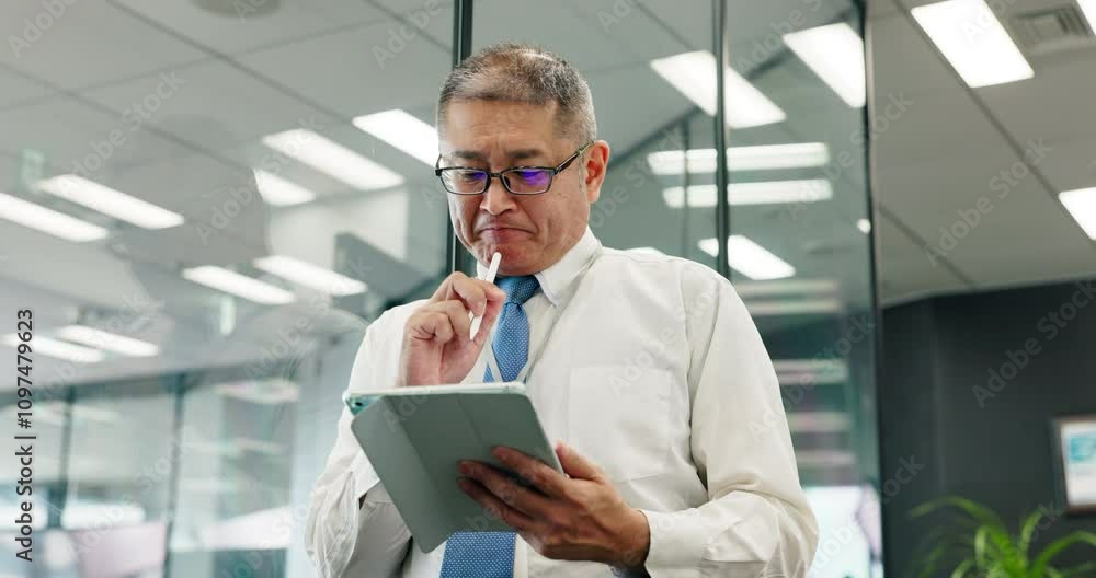 Man, tablet and thinking on finance in office, investment advisor and ...