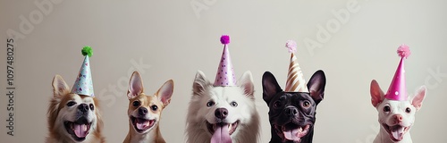 Five happy dogs wear party hats. A fun and festive image of canine friends celebrating. happy birthday funny photo