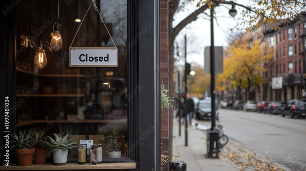 Obraz premium Closed boutique storefront with elegant window display, symbolizing the end of a day and the anticipation of a new beginning