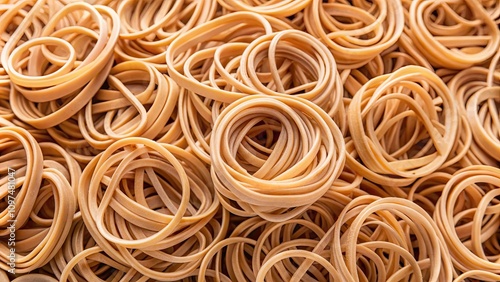 Pile of beige stretchy rubber bands, rubber bands, beige, stretchy, elastic, office supplies, stretch, flexible, assortment