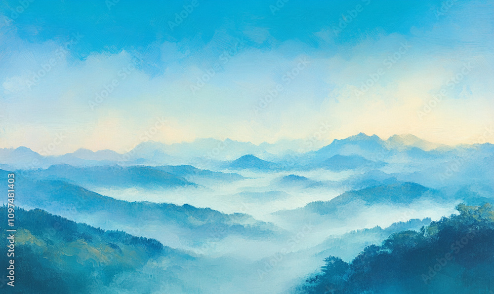Fototapeta premium The Mountains coverred clouds at sunrise in summer. Aerial view of mountain peak with green trees in fog. Beautiful landscape with high rocks, forest, sky
