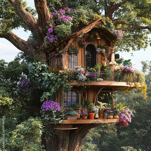 tree house with spider plants and orchids. 15 off the ground. Very nice balcony with flower pots and bird feeders. photo