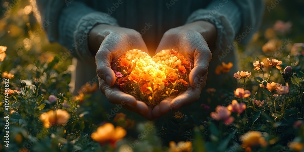 Glowing heart-shaped flowers cupped in hands amidst a field. Glowing heart-shaped flowers cupped in hands amidst a field.