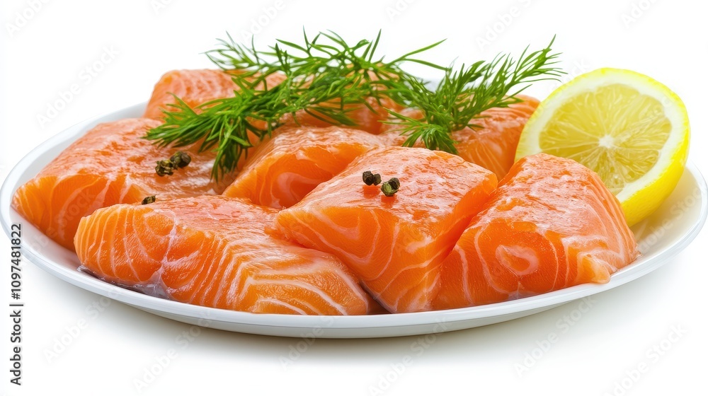 Pieces of raw salmon fillet with fresh lemon on a plate isolated on white background Pieces of raw salmon fillet with fresh lemon on a plate isolated on white background
