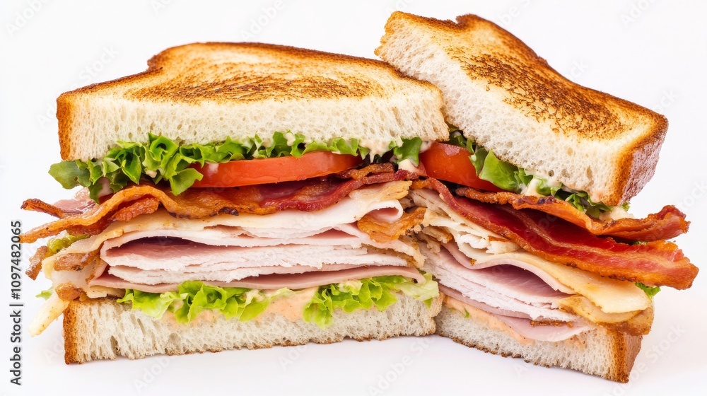 A perfectly assembled club sandwich with layers of ham, turkey, bacon A perfectly assembled club sandwich with layers of ham, turkey, bacon