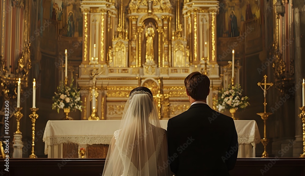 A beautiful bride and groom sitting at the altar in front of a priest, with a back view, in a cathedral with a golden interior, a white veil on the bride's head, A beautiful bride and groom sitting at the altar in front of a priest, with a back view, in a cathedral with a golden interior, a white veil on the bride's head,