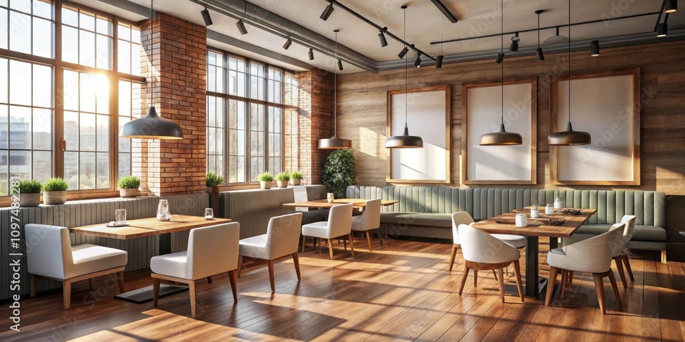 Sunlit Modern Restaurant Interior Design with Wooden Accents and a Brick Wall Sunlit Modern Restaurant Interior Design with Wooden Accents and a Brick Wall
