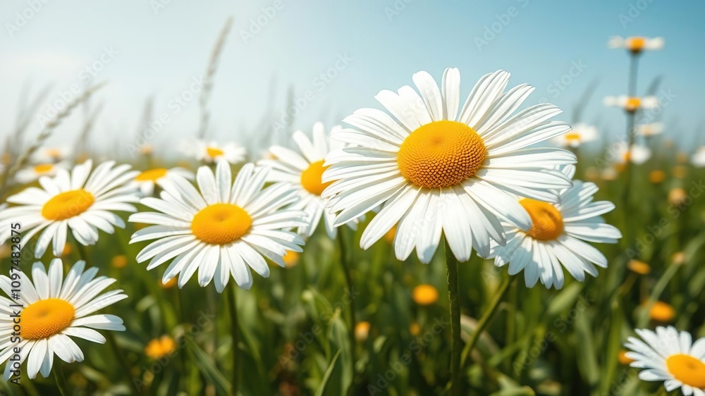 Fototapeta premium White and yellow watercolor daisies in a field with sunshine, wildflowers, sunshine