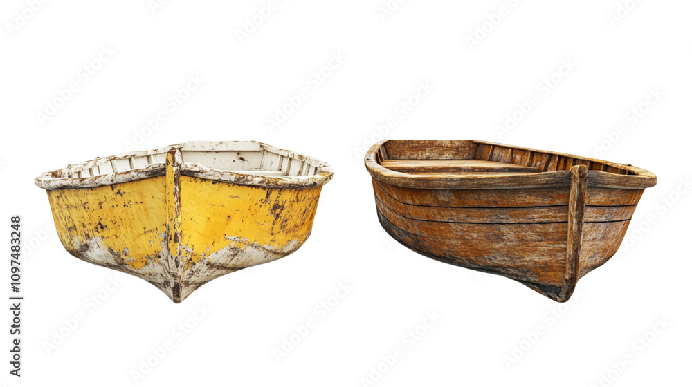 Fototapeta premium Rustic Yellow and Wooden Rowboats Side by Side